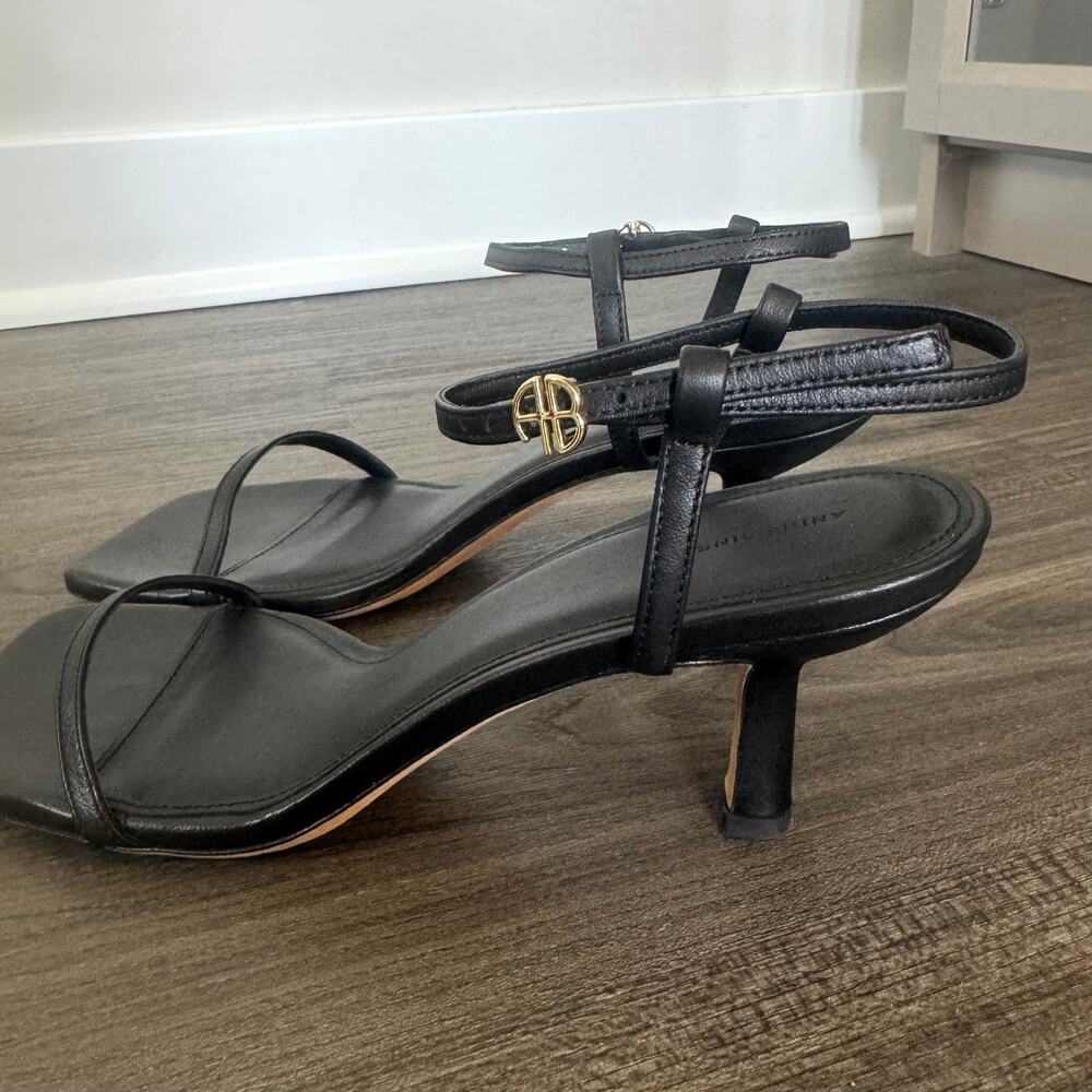 Anine Bing Black Leather Invisible Kitten Heel Sandals 40 NEW Gold Logo Shoe - Picture 3 of 7